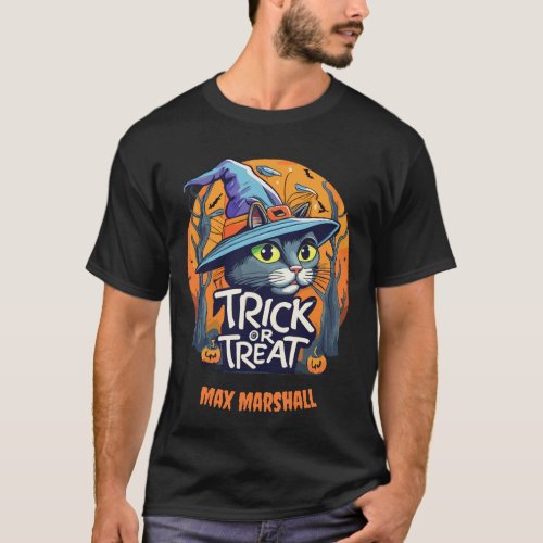 Trick or Treat Cat _ Spider Spooks Orange Blue T_Shirt