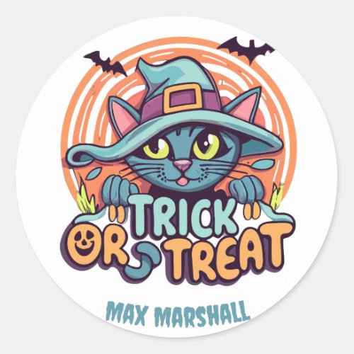 Trick or Treat Cat _ Trick or Treat Orange Blue Classic Round Sticker