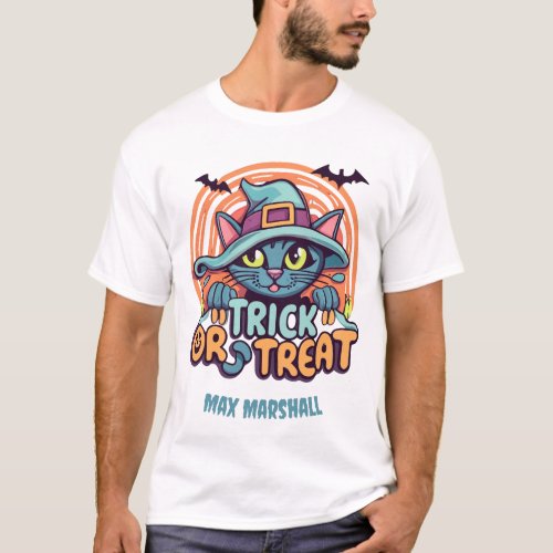 Trick or Treat Cat _ Trick or Treat Orange Blue T_Shirt