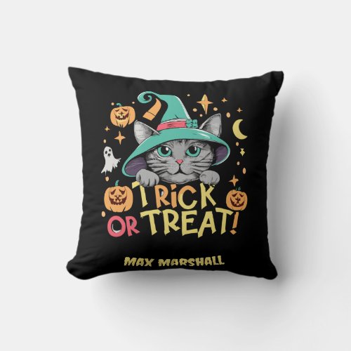 Trick or Treat Cat _ Wickedly Fun Green Black Throw Pillow