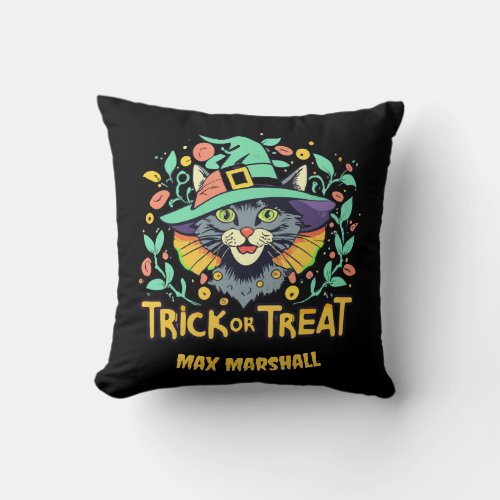 Trick or Treat Cat _ Zombie Zone Green Black Throw Pillow