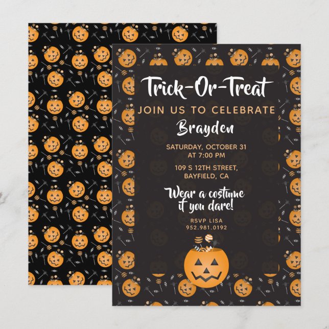 Trick Or Treat Celebrate Pumpkin Candy Personalize Invitation (Front/Back)