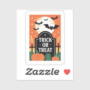 "Trick or Treat" Cemetery Halloween Postage Stamp Sticker
