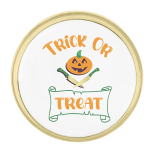 Trick or treat crossbones Halloween pumpkin face Gold Finish Lapel Pin