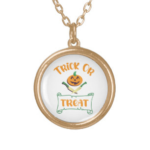 Trick or treat crossbones Halloween pumpkin face Gold Plated Necklace