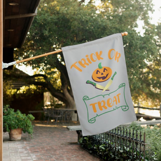 Trick or treat crossbones Halloween pumpkin face House Flag (In SItu)