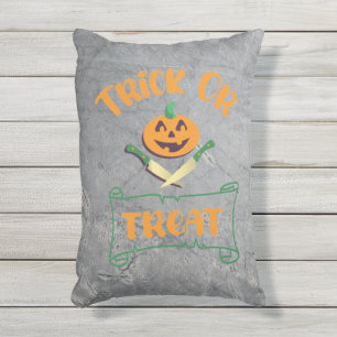 Trick or treat crossbones Halloween pumpkin face Outdoor Pillow