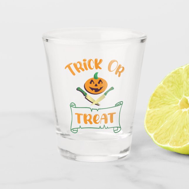 Trick or treat crossbones Halloween pumpkin face Shot Glass (Front)