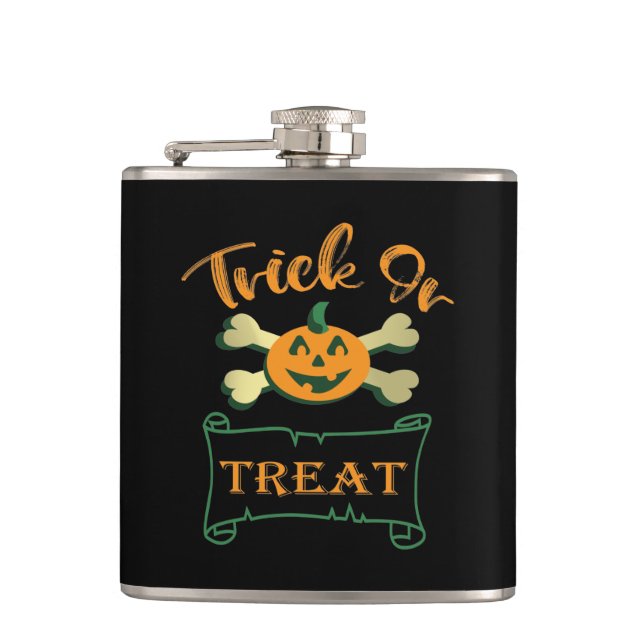 Trick or treat crossbones Halloween pumpkin  Flask (Front)