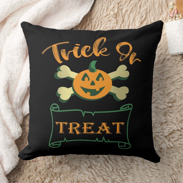 Trick or treat crossbones Halloween pumpkin  Throw Pillow (Blanket)
