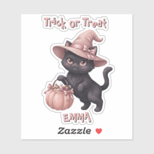 Trick or Treat Custom Black Cat&Pink Candy Bucket Sticker