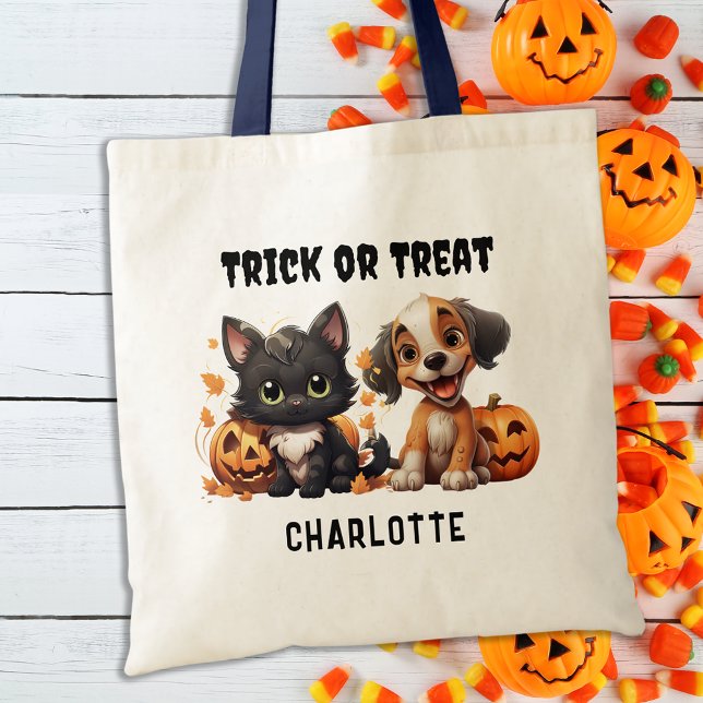 Trick Or Treat Custom Kitten Puppy Halloween Candy Tote Bag (Creator Uploaded)