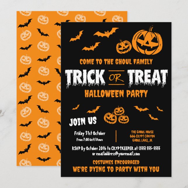 Trick or Treat Customizable Party Invitation A  (Front/Back)
