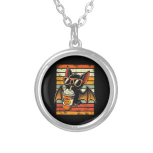 Trick or Treat Cute Bat Hipster Latte Funny Hallow Silver Plated Necklace