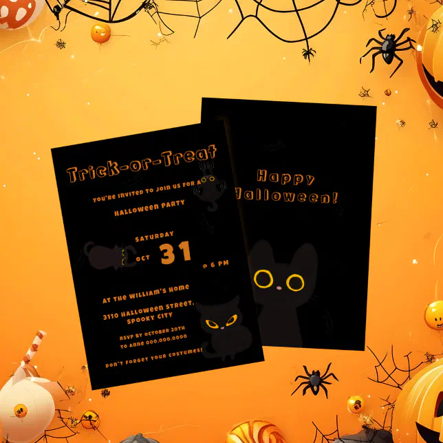 Trick or Treat | Cute Black Cat Halloween Invitation | Zazzle