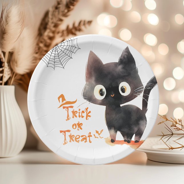 Trick or Treat Cute black cat Halloween party Paper Plates (Creator Uploaded)