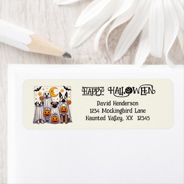Trick or Treat Cute Dogs in Ghost Costumes Label (Insitu)