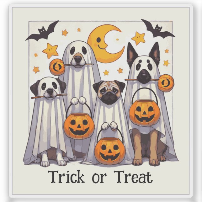 Trick or Treat Cute Dogs in Ghost Costumes Sticker (Front)