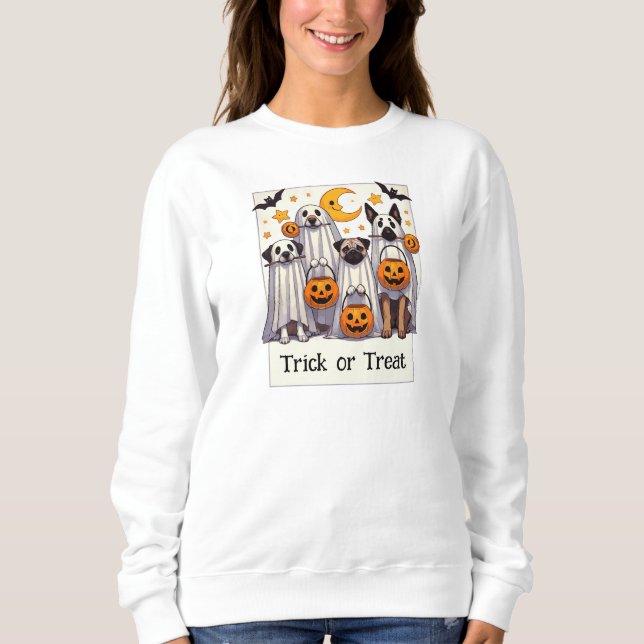 Trick or Treat Cute Dogs in Ghost Costumes Sweatshirt (Front)