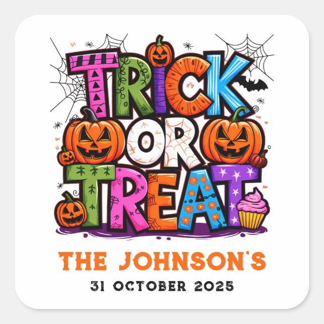 TRICK OR TREAT | Cute Halloween Bash Party Square Sticker (Front)