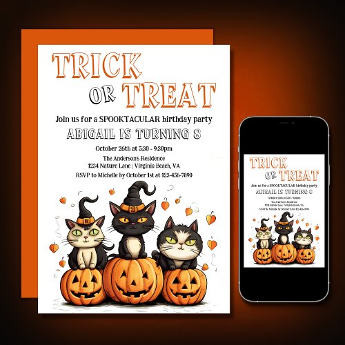 Trick or Treat Cute Halloween Cats Birthday Invitation