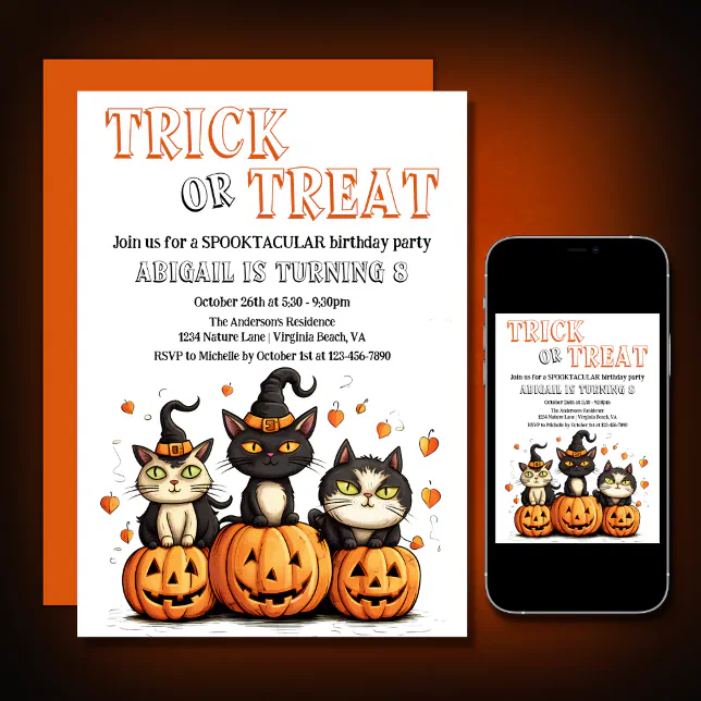Trick or Treat Cute Halloween Cats Birthday Invitation | Zazzle