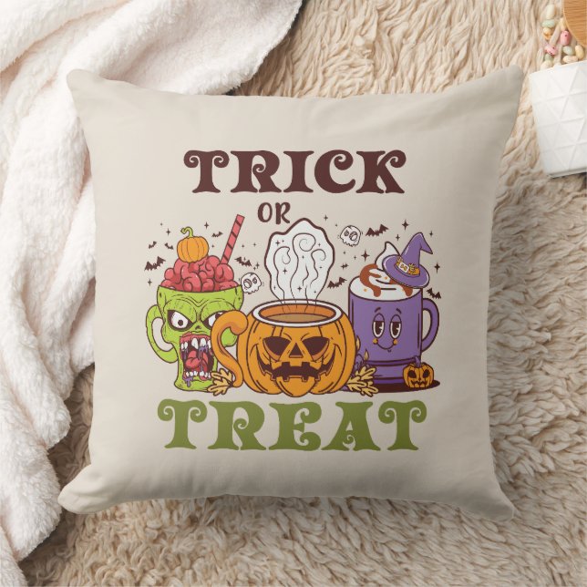 Trick Or Treat – Cute Halloween Coffee Brew Throw Pillow (Blanket)