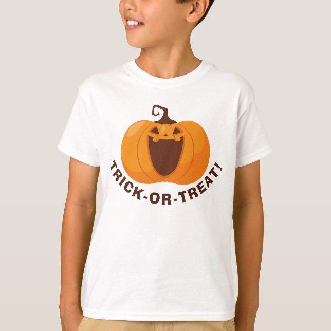 Trick or Treat Cute Halloween Orange Pumpkin Funny T-Shirt (Front)