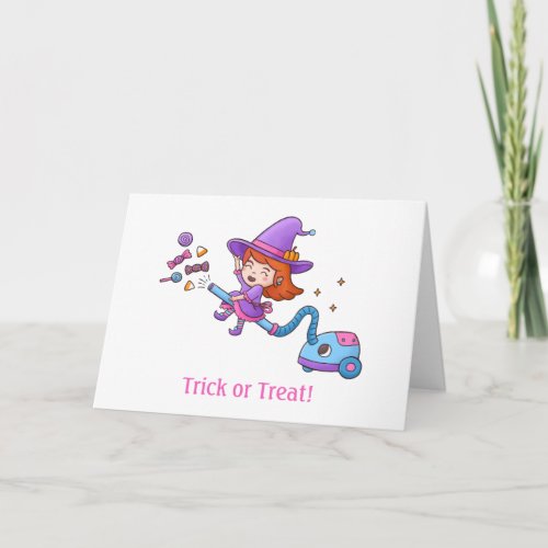 Trick or Treat Cute Little Witch on Vacuum Cleaner Card