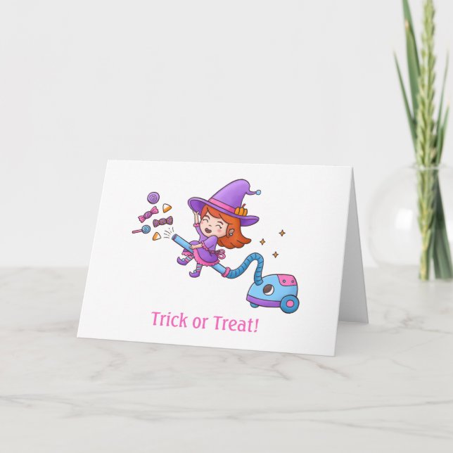Trick or Treat Cute Little Witch on Vacuum Cleaner Card (Front)