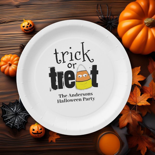 Trick or Treat Cute Personalized Halloween Paper Plates (Cute whimsical Halloween trick or treat custom party paper plage. )