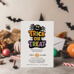 TRICK OR TREAT CUTE SPIDER HALLOWEEN Bash Party  Invitation<br><div class="desc">Featuring a cute smiling spider topping the words "Trick or Treat" in cute dotted font in orange green an purple colors and modern and funny typography style these Halloween party invitations are perfect to invite your friends and family! Personalize with your Halloween party details beneath black lettering on a white...</div>