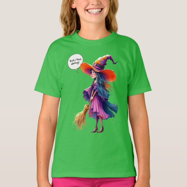  Trick or treat, darling! Witch with a broom, Hall T-Shirt (Front)