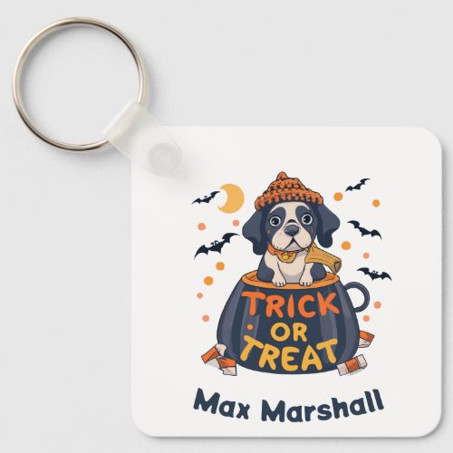 Trick or Treat Dog _ Howling Good Tim Orange White Keychain