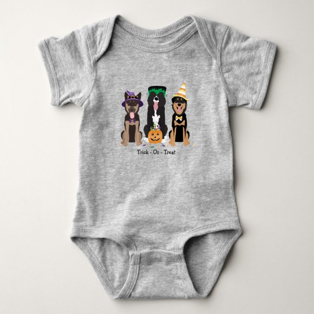Trick Or Treat Dogs In Halloween Costumes Baby Bodysuit (Front)