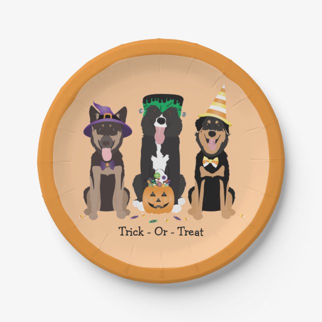 Trick Or Treat Dogs In Halloween Costumes Paper Plates (Front)