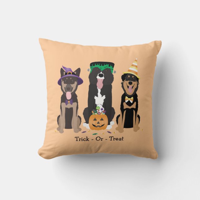 Trick Or Treat Dogs In Halloween Costumes Throw Pillow (Front)