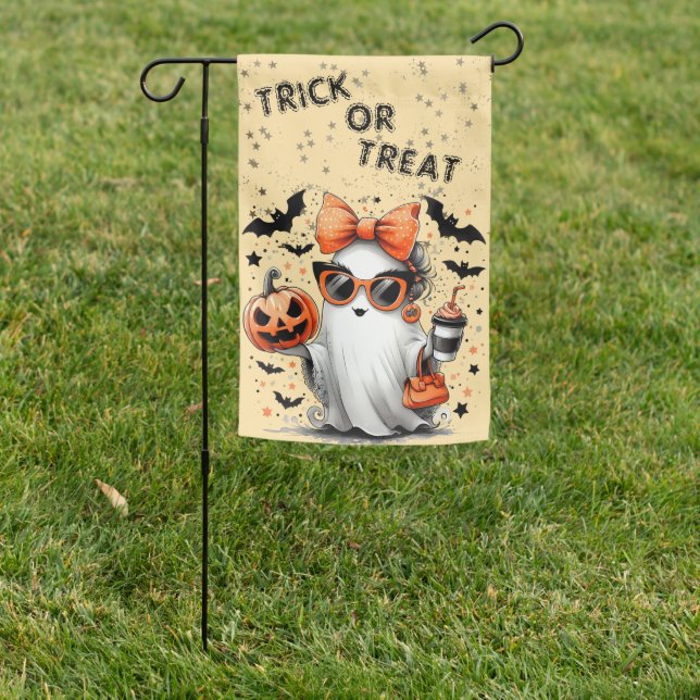 Trick or Treat Elegant Ghost Lady With Sunglasses Garden Flag (In SItu)