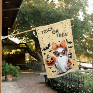 Trick or Treat Elegant Ghost Lady With Sunglasses House Flag