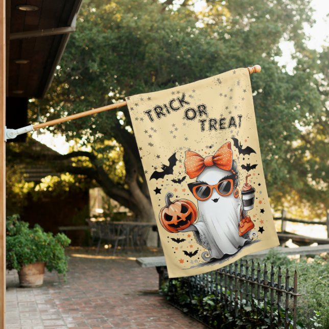 Trick or Treat Elegant Ghost Lady With Sunglasses  House Flag (In SItu)