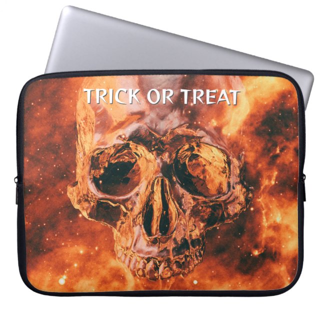 Trick or Treat. Flaming skull in space Laptop Sleeve (Front)