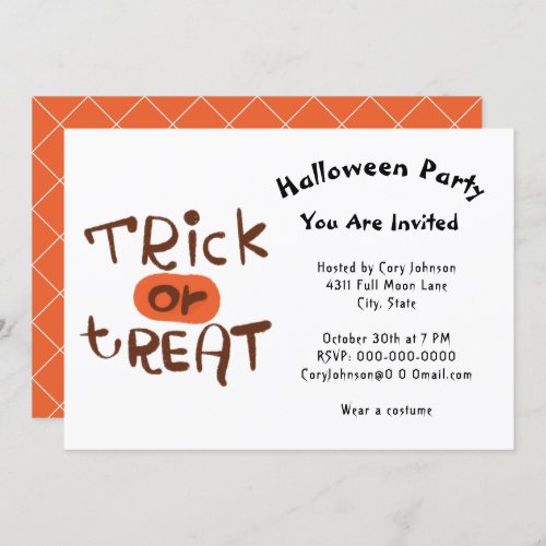 Trick or Treat For Kids or Adults Halloween Party  Invitation
