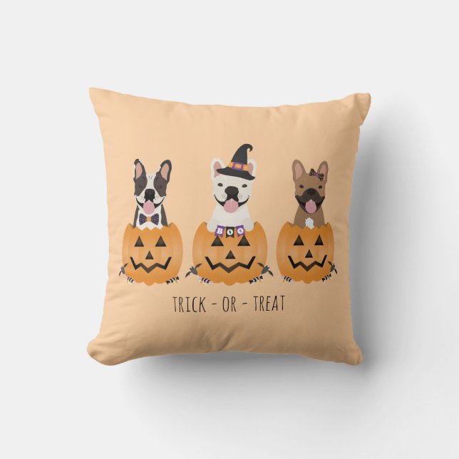 Trick Or Treat French Bulldogs Pumpkin Throw Pillow (Front)