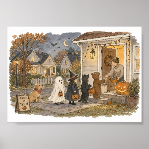 Trick or Treat Front Porch Scene Illustration Poster
