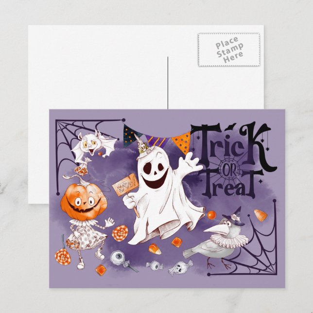 Trick or Treat. Fun Ghost, Pumpkin Girl Halloween Postcard (Front/Back)