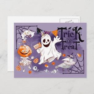 Trick or Treat. Fun Ghost, Pumpkin Girl Halloween Postcard