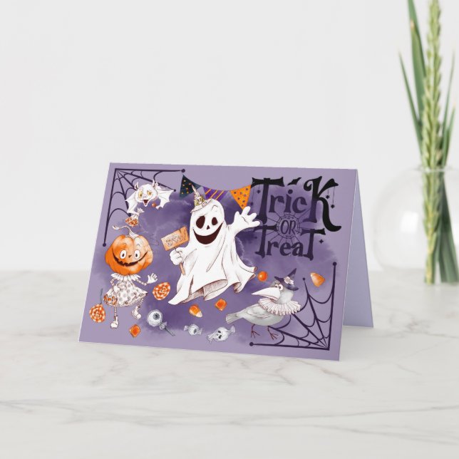 Trick or Treat. Fun Ghost, Pumpkin Girl, Raven Card (Front)
