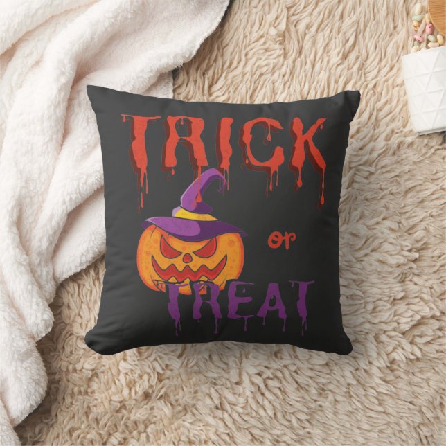 Trick or Treat Funny Halloween Pumpkin Throw Pillow (Blanket)