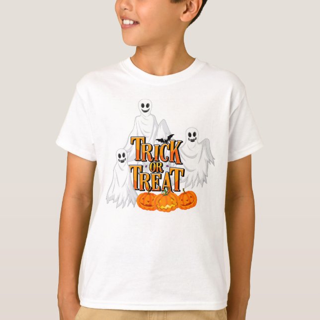 Trick or Treat Ghost, Bats and Pumpkins T-Shirt (Front)
