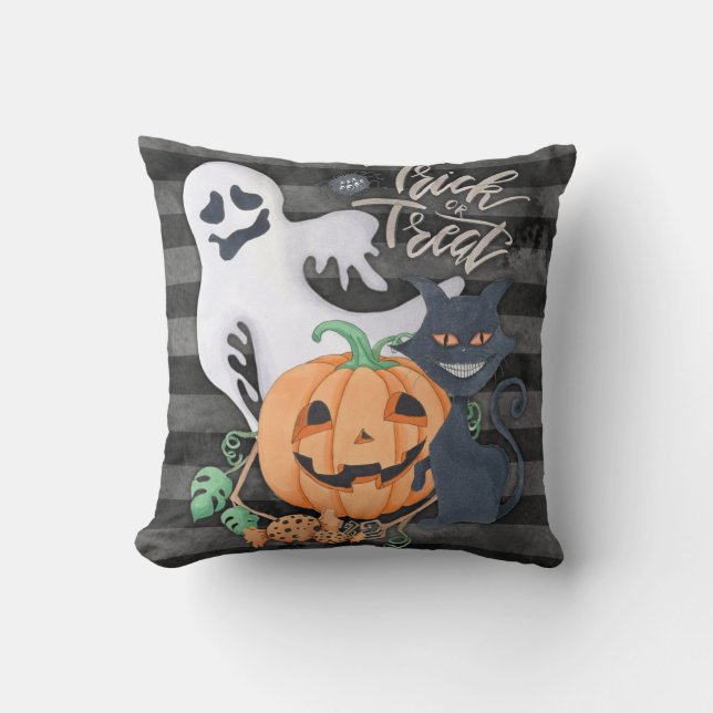 Trick or treat ghost carved pumpkin black cat throw pillow (Front)